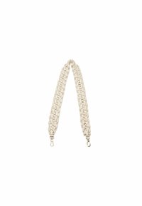 Gevlochten stoffen schouderriem in crème kleur met zilveren metalen clips aan elk uiteinde. Heeft een textuurpatroon voor duurzaamheid.