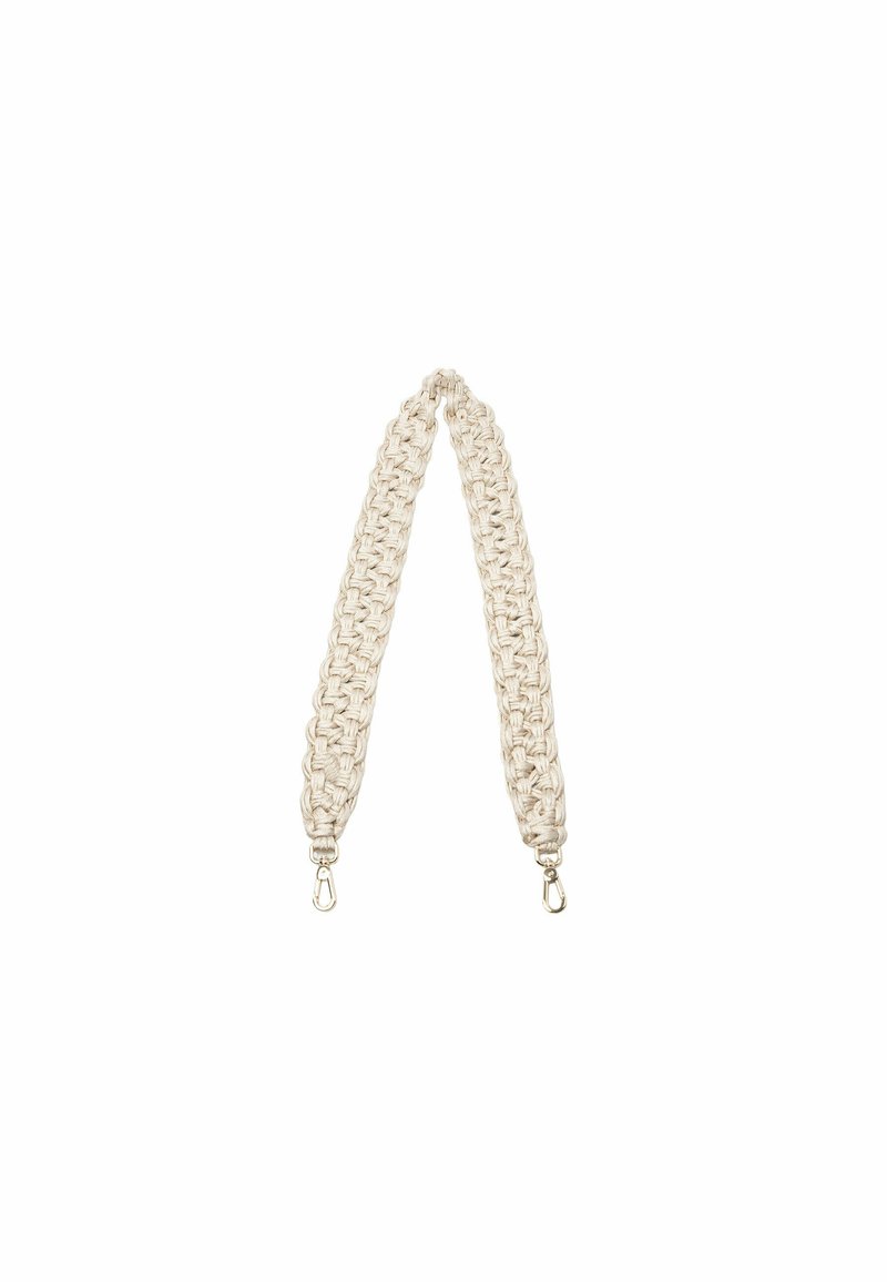 Gevlochten stoffen schouderriem in crème kleur met zilveren metalen clips aan elk uiteinde. Heeft een textuurpatroon voor duurzaamheid.