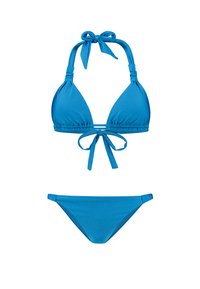Modri bikini komplet, ki vsebuje trikotni modrček z nastavljivimi trakovi in ujemajoče se spodnjice z nizkim pasom, oba izdelana iz gladkega, raztegljivega materiala.