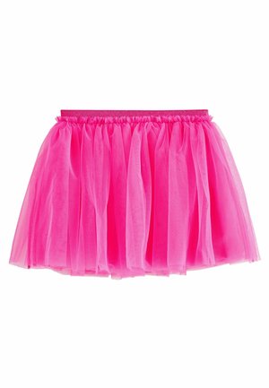 Jupe en tulle rose vif avec ceinture élastique, tissu froncé créant une texture volumineuse et superposée.