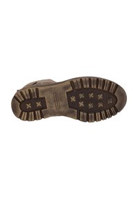 Brown rubber boot sole with deep treads and circular patterns. Textured black midsole with manufacturer logo and size details. Durable design.