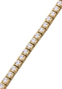 Armband in Goldtönen, bestehend aus einer Reihe quadratischer Glieder, von denen jedes mit einem runden, klaren Edelstein besetzt ist, was einen kontinuierlichen, funkelnden Effekt erzeugt.