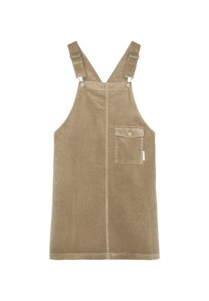 Vestito salopette in velluto coste beige con tasca frontale sul petto e bretelle regolabili con fibbia, taglio dritto, lunghezza fino al ginocchio.