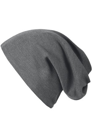 Gray beanie hat made of soft, stretchy fabric with a slouchy design. Features fine ribbed texture and slightly asymmetric shape.