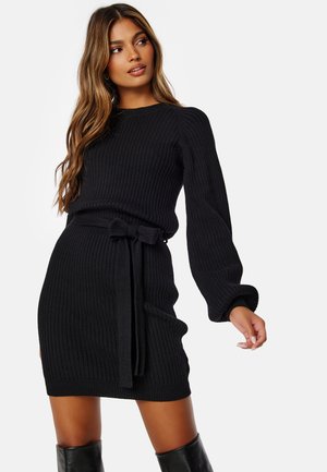 Round Neck Rib Knitted Short Dress Black