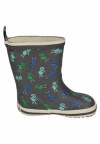 Gray rubber boot with multicolored robot patterns. Insulated lining, white trim at the top and base, textured sole for grip.