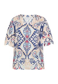 Blusa a maniche corte con scollatura a V, realizzata in un tessuto beige con un motivo geometrico e floreale blu e rosso.