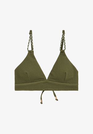 Alyvuogių žalios spalvos tekstūruotas bikini viršus su pintomis petnešėlėmis ir reguliuojamomis raištelėmis apatiniame centre.