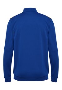 Blauer Fleece-Pullover mit hohem Kragen, langen Ärmeln und strukturierter Stoffoptik. Mit schwarzen Akzenten auf den Schultern. Vorderansicht nicht sichtbar.