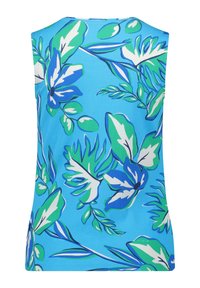 Top sin mangas en azul, con grandes patrones florales en verde y azul. Textura acanalada con cuello redondo y dobladillo ligeramente curvado.