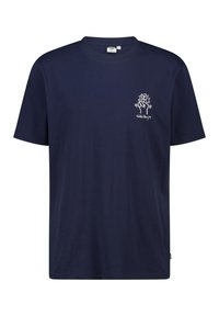 Camiseta de manga corta azul marino hecha de algodón, con un diseño gráfico blanco en la parte izquierda del pecho. Corte regular con cuello redondo.