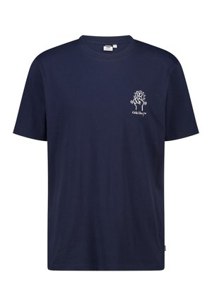 Navy blue short-sleeve t-shirt made of cotton, featuring a white graphic design on the left chest area. Regular fit with a crew neck.
