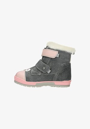 Gray suede ankle boots with pink accents, faux fur trim, and hook-and-loop straps. Features a rubber sole with textured grip.