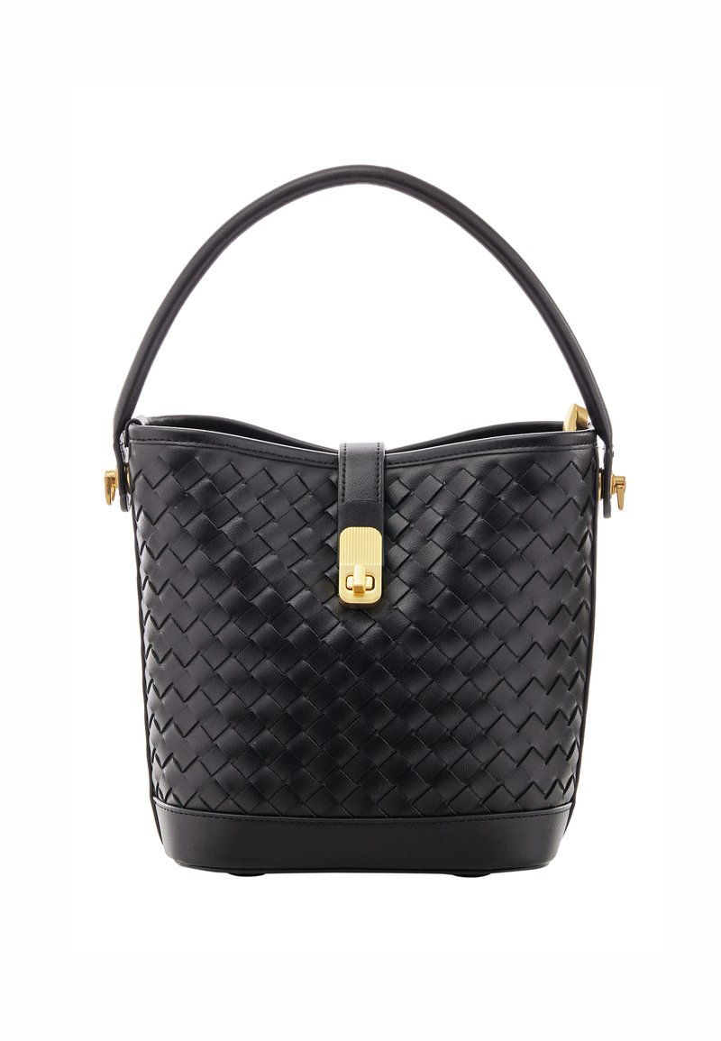 Borsa a tracolla in pelle intrecciata nera con forma arrotondata, manico superiore, accessori in oro e chiusura sicura. Superficie texture con dettagli visibili.