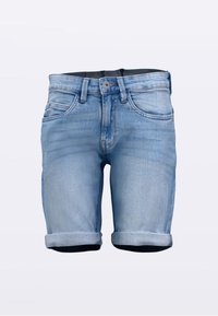 Lichtblauwe denimshorts met opgerolde zoom, vijf zakken en contrasterende stiksels. Voorzien van een knoopsluiting en een ritssluiting.