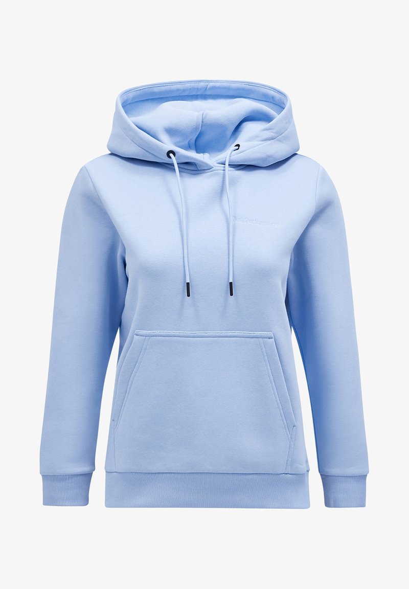 Sweat à capuche bleu clair avec poche kangourou à l'avant et cordons de serrage, mettant en avant une broderie de logo discrète sur la poitrine.