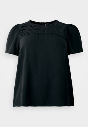 Black short-sleeve top featuring a textured lace panel on the round neckline, with a loose fit and soft fabric. Back closure detail present.
