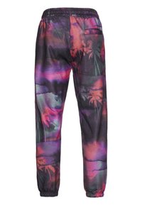 Flerfargede joggebukser med elastisk midje, med et palmetre mønster og et mykt, strukturet stoff. Inkluderer en baklomme.