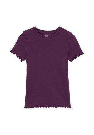 Kortærmet, ribbet lilla T-shirt med rund halsudskæring og flæsekant på ærmer og kant.