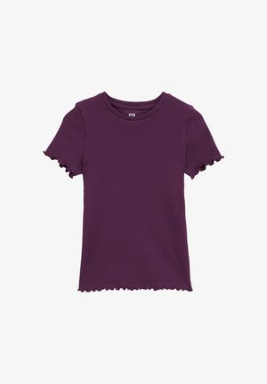 Kortærmet, ribbet lilla T-shirt med rund halsudskæring og flæsekant på ærmer og kant.