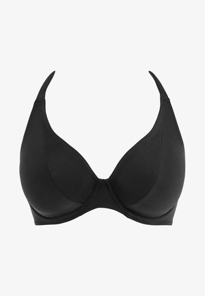 Černá podprsenka s hladkými, tvarovanými košíčky, nastavitelnými ramínky a bezšvým designem. Vyrobena z měkkého materiálu, s detailem šití.