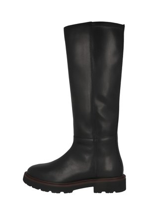Stivale nero in pelle al ginocchio con punta rotonda, suola in gomma spessa e dettagli di cucitura minimi. Texture liscia e leggero lucido.
