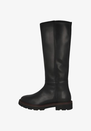 Black leather knee-high boot with a rounded toe, thick rubber sole, and minimal stitching details. Smooth texture, subtle shine.