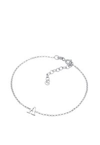 Braccialetto in catena d'argento con un piccolo ciondolo a forma di lettera "A" lucida, dotato di chiusura a moschettone e lunghezza regolabile per adattarsi.