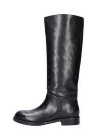 Zwarte leren kniehoog laars met een gladde textuur, ronde neus en een lage blokhak. Heeft een eenvoudig ontwerp zonder zichtbare hardware.