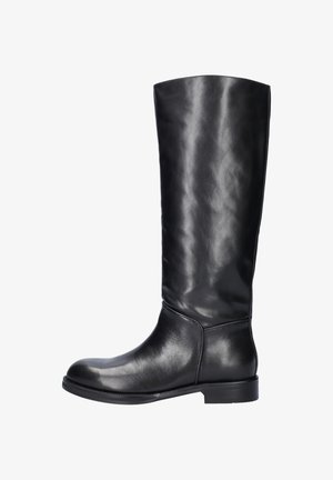 Black leather knee-high boot with a smooth texture, rounded toe, and a low, block heel. Features a simple design with no visible hardware.