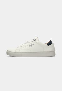 White low-top sneaker with white laces, gray sole, black heel tab, and "Pepe Jeans London" logo on the side.
