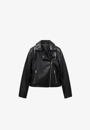 Zwarte leren motorjacks met rits aan de voorkant, twee zijzakken en een ingesneden kraag. Soepele textuur en verkorte stijl.