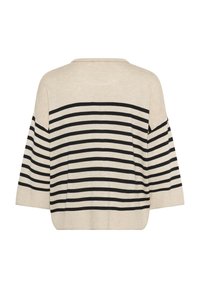 Maglione crema con ampie righe nere, vestibilità rilassata, maniche a tre quarti e scollatura rotonda. Tessuto morbido, senza decorazioni visibili.