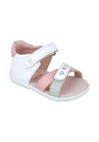 Witte en roze kindersandalen van synthetisch materiaal, met een klittenbandsluiting, groene accenten en hartvormige details op de band.