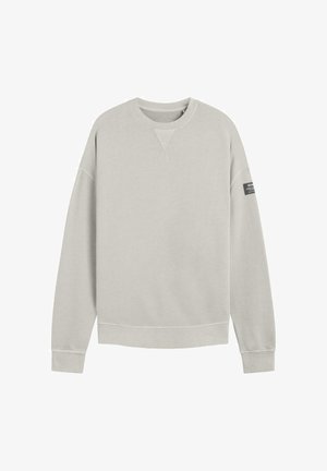 Lichtgrijze sweatshirt met een ronde hals, lange mouwen en ribgebreide manchetten. Heeft een klein zwart label op de linkermouw. Glad stoftextuur.