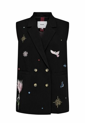 Blazer senza maniche nero con bottoni doppi, caratterizzato da ricami floreali e celestiali multicolori su tutta la stoffa.