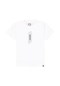 Biela bavlnená tričko s vertikálnym čiernym dizajnom loga v strede. Klasický okrúhly výstrih a krátke rukávy s štvorcovou nálepkou na spodnej strane.