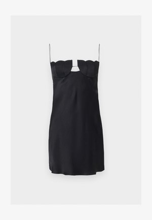 Μαύρο μίνι φόρεμα με δομημένο μπούστο σε σχήμα κυματιστής άκρης, λεπτές σπαστιγέ τιράντες και άνοιγμα σε σχήμα κλειδαρότρυπας κάτω από το ντεκολτέ.