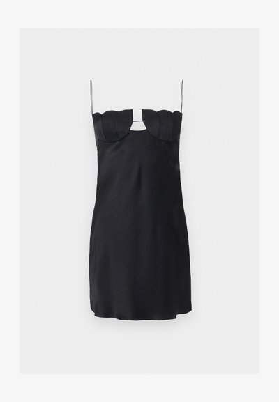 Μαύρο μίνι φόρεμα με δομημένο μπούστο σε σχήμα κυματιστής άκρης, λεπτές σπαστιγέ τιράντες και άνοιγμα σε σχήμα κλειδαρότρυπας κάτω από το ντεκολτέ.