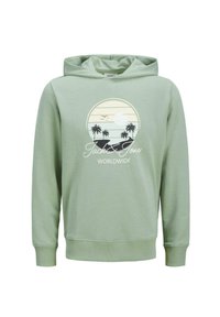 Sudadera de algodón verde con un gráfico frontal de un atardecer, palmeras y el texto "Jack & Jones Worldwide". Presenta una capucha con cordón y puños.