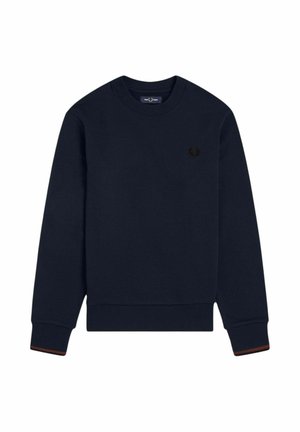 Sudadera azul marino de manga larga con cuello redondo, puños y bajo acanalados, pequeño logo bordado en el pecho izquierdo.