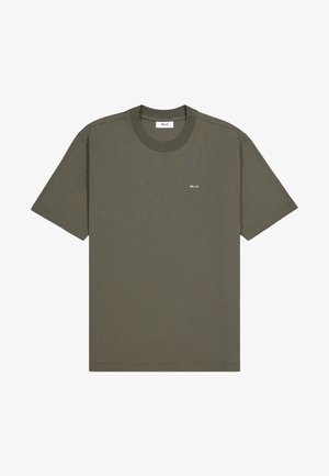 Olivgrünes Rundhals-T-Shirt, kurze Ärmel, aus Baumwolle. Verfügt über ein kleines weißes Logo auf der linken Brust und ein lockeres Passform-Design.
