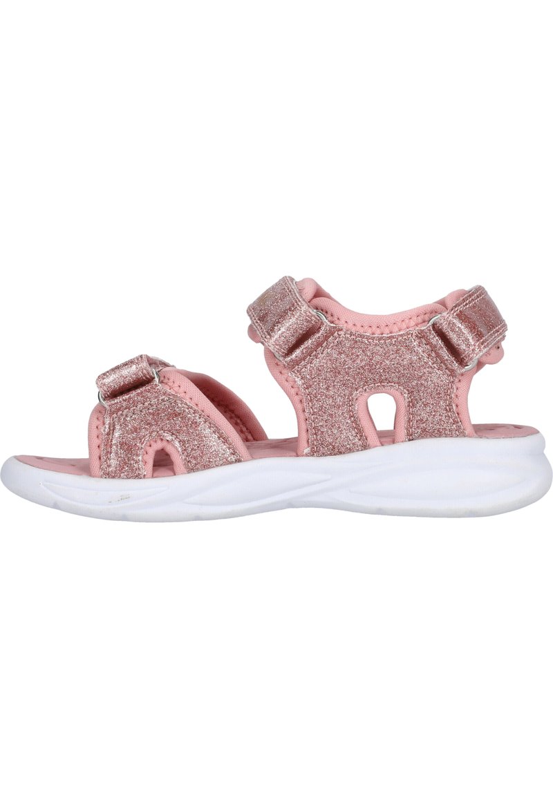 Rosa glittriga sandaler med vita gummisulor, med två justerbara remmar, öppna sidor och en vadderad sula för komfort.