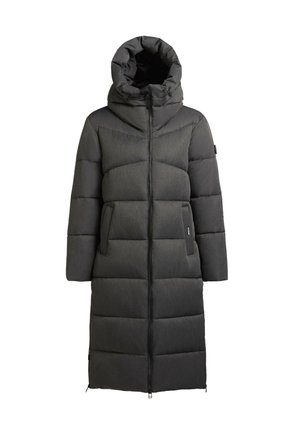 Dlouhý černý péřový kabát s kapucí, vyznačující se prošívaným designem a bočními kapsami. Elegantní, matný povrch s uzávěrem na zip.