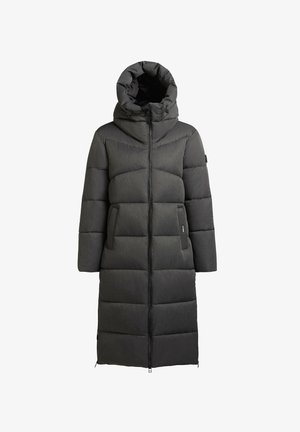 Manteau noir long en duvet avec capuche, présentant un design matelassé et des poches latérales. Fini lisse et mat avec fermeture éclair.