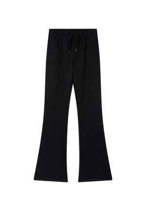Pantaloni della tuta neri a zampa d'elefante con vita regolabile tramite cordino, realizzati in tessuto morbido, caratterizzati da una texture liscia e orli puliti.