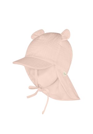 Hellrosa Baby-Sonnenhut mit breiter Krempe, Nackenschutz, Kinnbändern und zwei kleinen Stoffohren oben.