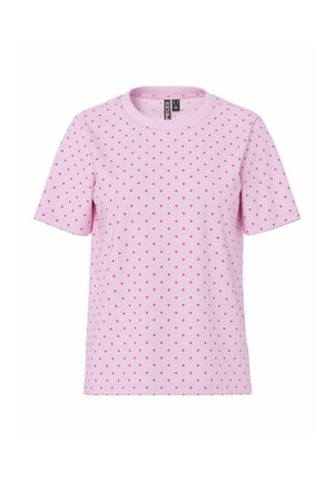 Rosa bomull T-shirt med kort ärm och rund halsringning, prydd med små röda prickar som är jämnt fördelade över tyget.