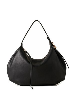 Borsa a tracolla in pelle morbida nera con una sola tracolla, forma arrotondata e minimi dettagli oro.