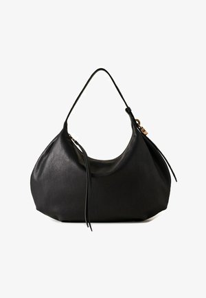 Borsa a tracolla in pelle morbida nera con una sola tracolla, forma arrotondata e minimi dettagli oro.